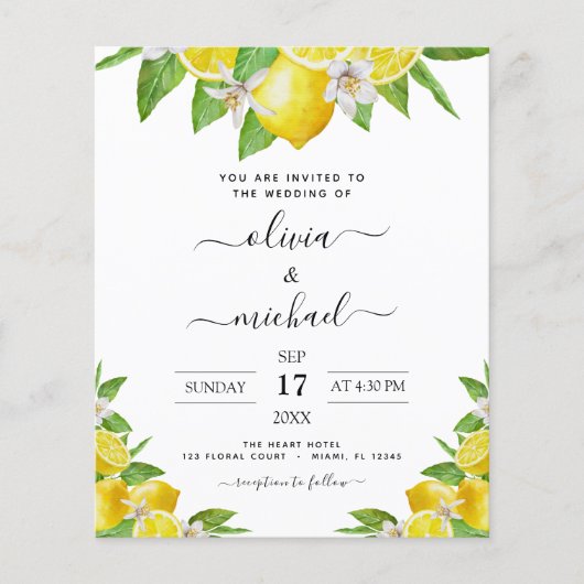 Budget Lemon Citrus Yellow Wedding Einladung (Vorderseite)