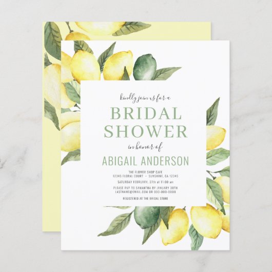 Budget Lemon Floral Bridal Dusche Einladung (Vorne/Hinten)
