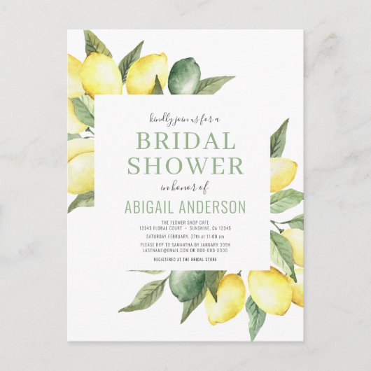 Budget Lemon Floral Bridal Dusche Einladung Postkarte (Vorderseite)