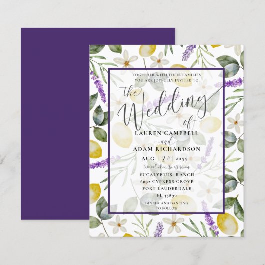 Budget Lemon & Lavender Foliage Wedding Einladung (Vorne/Hinten)