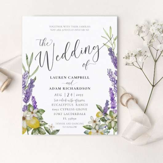 Budget Lemon & Lavender Foliage Wedding Einladung