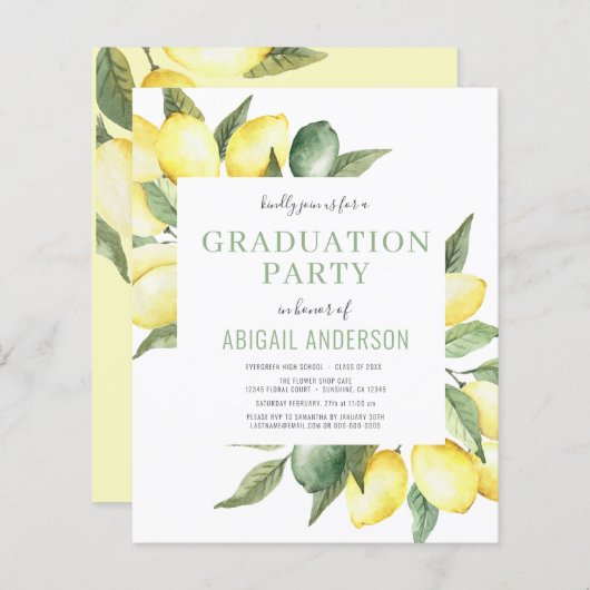Budget Lemon Modernes Grad Party 2023 Einladung (Vorne/Hinten)