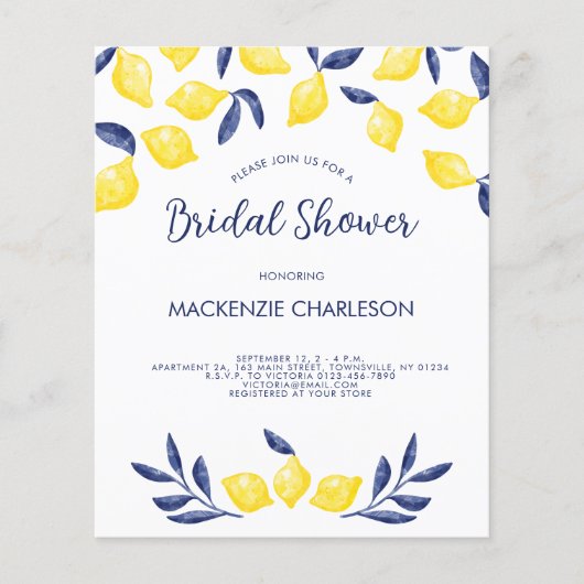 Budget Lemon Watercolor Bridal Dusche Einladung Flyer (Vorne)