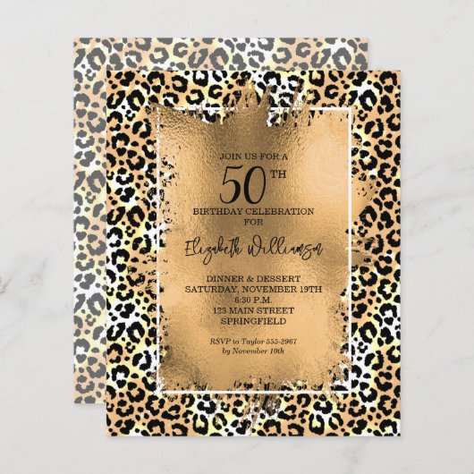 Budget Leopard 50. Geburtstagsparty Einladungen (Vorne/Hinten)
