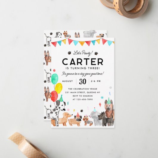 Budget Let's Pawty Party Kinder Welpen Hund Geburt Mitteilungskarte (Vorderseite/Rückseite Beispiel)