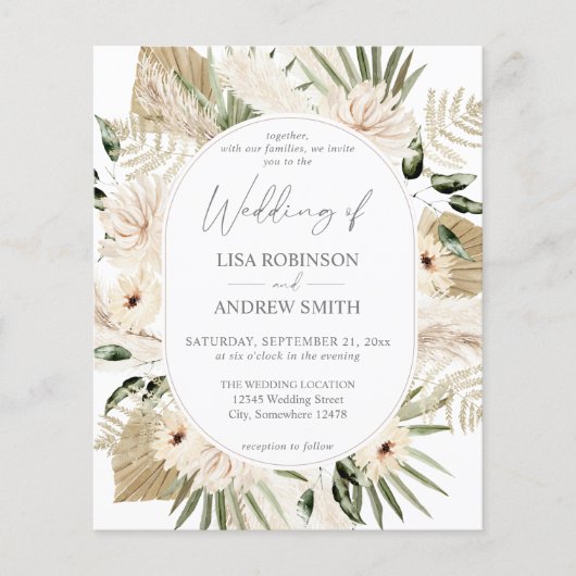 Budget LG Text Boho Pampas Grass Floral Wedding Flyer (Vorne)