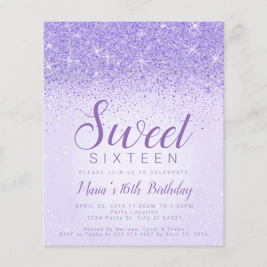 Budget Light Lila Glitzer, Sweet 16 Einladungen (Vorderseite)