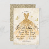 Budget Light Yellow Gold Glitter Gown Quinceanera Mitteilungskarte (Vorne/Hinten)
