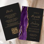 Budget Lila Agate Dark QR Code Wedding<br><div class="desc">Der links Rand dieser eleganten, modernen Hochzeitseinladung zeichnet sich durch eine lila Aquarellgrenze aus, die mit Imitaten mit goldenem Glitzer bestickt wurde. Der anpassbare Text kombiniert goldfarbene Handschrift, Copperplate und kursiv Schriftart auf einem schwarzen Hintergrund. Fügen Sie zusätzliche Details auf der Rückseite, zusammen mit einem QR-Code, um Ihren Gästen zu...</div>