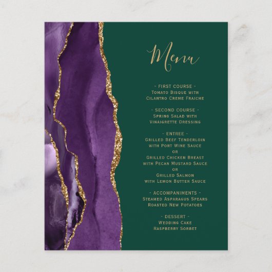 Budget Lila Agate Emerald Green Wedding Menu (Vorderseite)