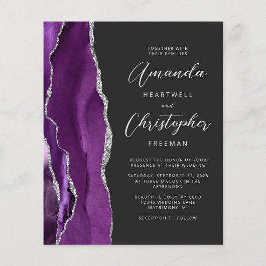 Budget Lila Agate Silver Dark Wedding Einladung (Vorderseite)