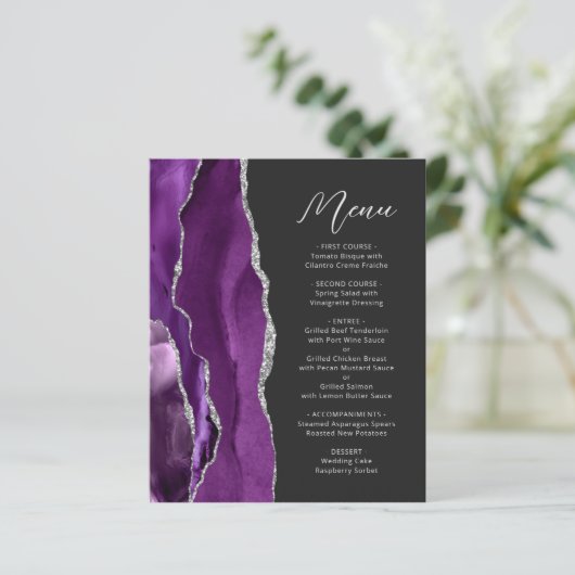 Budget Lila Agate Silver Script Wedding Menu (Stehend Vorderseite)