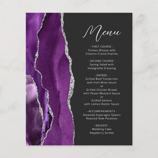 Budget Lila Agate Silver Script Wedding Menu (Vorderseite)