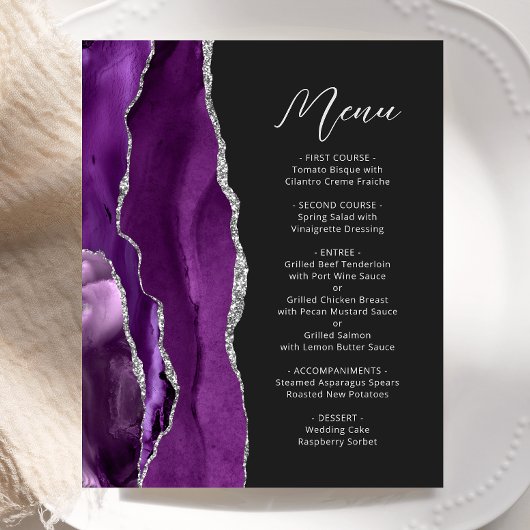 Budget Lila Agate Silver Script Wedding Menu