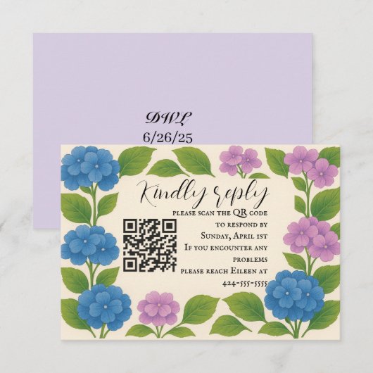 Budget Lila/Blau Hydrangea QR Code RSVP Karte (Vorne/Hinten)