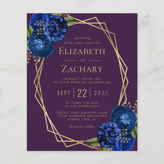 Budget Lila Blue Floral Gold QR Code Hochzeit (Vorderseite)