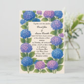 Budget Lila/Blue Hydrangea Foto Hochzeit Einladung (Stehend Vorderseite)
