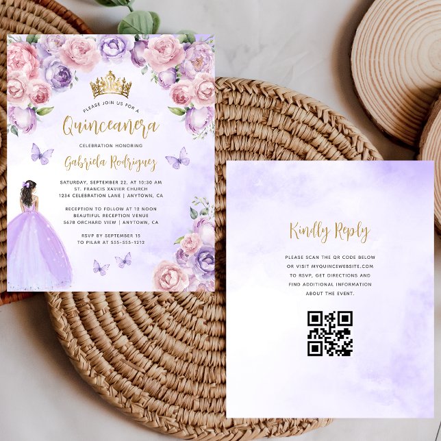 Budget Lila Blush Floral QR Code Quinceañera (Von Creator hochgeladen)
