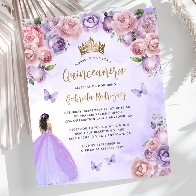 Budget Lila Blush Gold Floral Quinceñera Einladung (Von Creator hochgeladen)