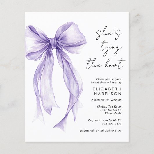 Budget Lila Bow Watercolor Brautparty Einladung (Vorderseite)