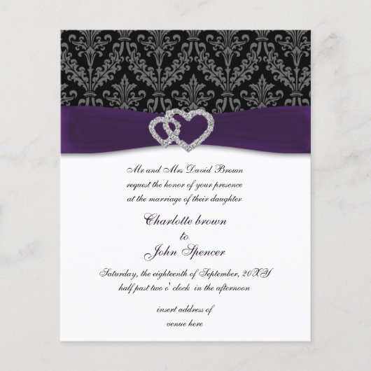 Budget Lila Damask Diamante Hochzeitseinladung (Vorderseite)