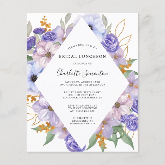 Budget Lila Floral Bridal Luncheon Einladung (Vorderseite)