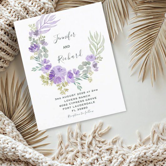 Budget Lila Floral & Eukalyptus Wedding Invitati