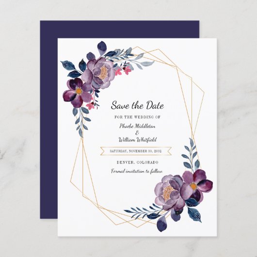 Budget Lila Floral Geometric Save the Date (Vorne/Hinten)