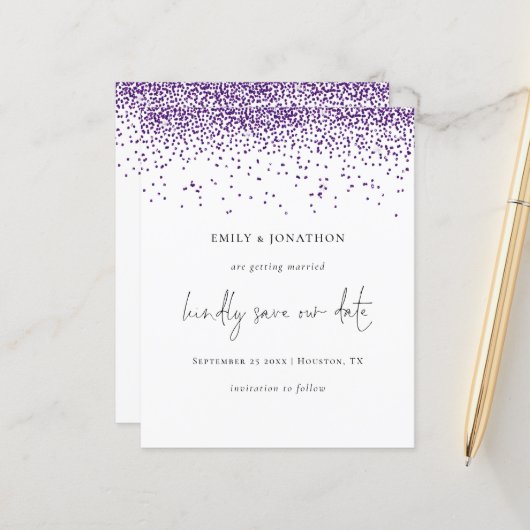 Budget Lila Glitzer Confetti Glam Save the Date (Vorderseite/Rückseite Beispiel)