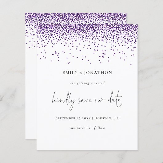 Budget Lila Glitzer Confetti Glam Save the Date (Vorne/Hinten)