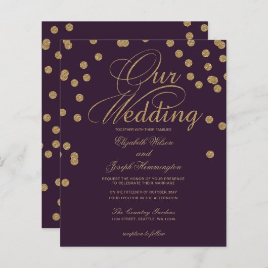 Budget Lila Glitzer Confetti Hochzeit Einladung (Vorne/Hinten)