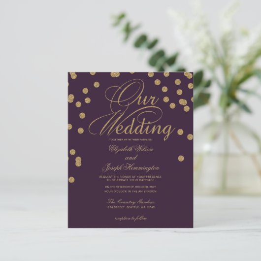 Budget Lila Glitzer Confetti Hochzeit Einladung (Stehend Vorderseite)