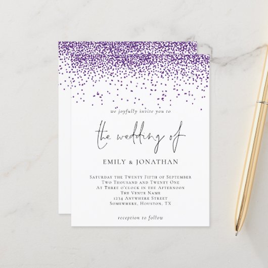 Budget Lila Glitzer Confetti Hochzeit Einladung (Vorderseite/Rückseite Beispiel)