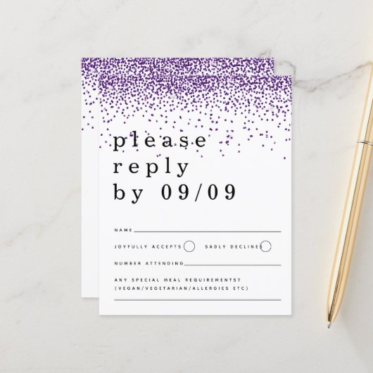 Budget Lila Glitzer Confetti Wedding RSVP (Vorderseite/Rückseite Beispiel)