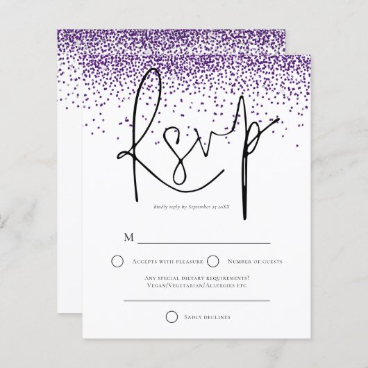 Budget Lila Glitzer Confetti Wedding RSVP (Vorne/Hinten)