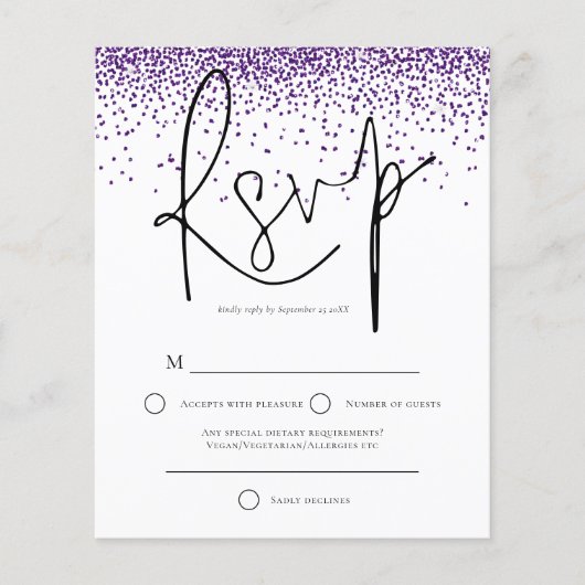 Budget Lila Glitzer Confetti Wedding RSVP (Vorderseite)