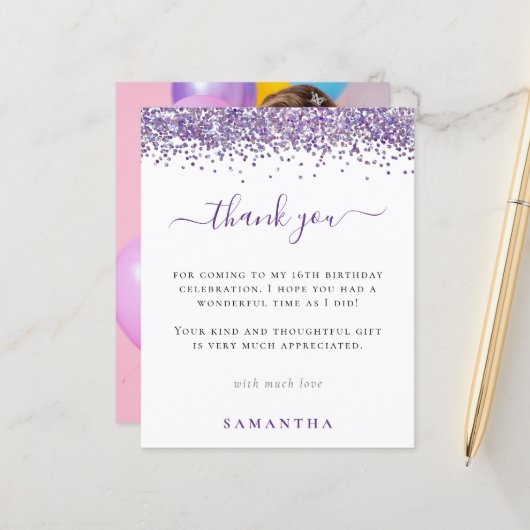 Budget Lila Glitzer Foto Sweet 16 Danke (Vorderseite/Rückseite Beispiel)