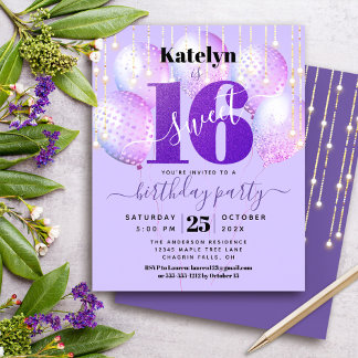 Budget Lila Glitzer Sweet 16 Balloons Einladung
