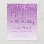 Budget Lila Glitzer Tropfen 30. Geburtstag Einladu (Vorderseite)