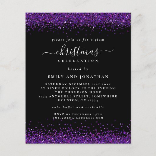 Budget Lila Glitzer Weihnachts-Party Black Invite (Vorderseite)