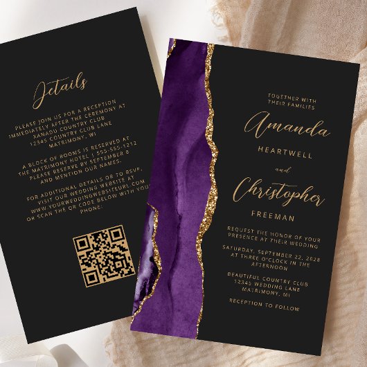 Budget Lila Gold Agate Dark QR Code Hochzeit