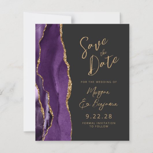 Budget Lila Gold Agate Dark Script Save the Date (Vorderseite)