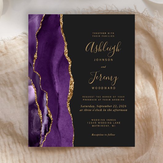 Budget Lila Gold Agate Dark Wedding Einladung