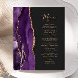 Budget Lila Gold Agate Dark Wedding Menü<br><div class="desc">Die links Seite dieses eleganten,  modernen Hochzeitsmenüs besticht durch eine lila Aquarellgrenze mit vergoldetem Imitat-Glitzer. Der anpassbare Text kombiniert goldfarbene Handschriftenschrift mit Copperplate-Schriftart auf schwarzem Hintergrund. Auf der Rückseite ist ein lila und goldenes Design zu sehen.</div>