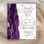 Budget Lila Gold Agate Marble Hochzeitseinladung<br><div class="desc">Der links Rand dieser eleganten, modernen Hochzeitseinladung zeichnet sich durch eine lila Aquarellgrenze aus, die mit Imitaten mit goldenem Glitzer bestickt wurde. Der anpassbare Text kombiniert eine goldfarbene Handschrift mit schwarzer Kupferplatte und kursiven Schriftart auf weißem und grauem Marmorhintergrund. Auf der Rückseite ist ein lila und goldenes Design zu sehen....</div>