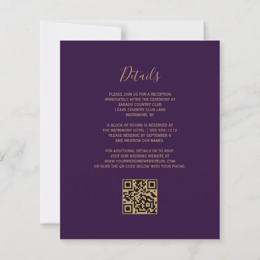Budget Lila Gold Agate QR Code Wedding Einladung (Rückseite)