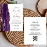 Budget Lila Gold Agate QR Code Wedding Einladung<br><div class="desc">Der links Rand dieser eleganten, modernen Hochzeitseinladung zeichnet sich durch eine lila Aquarellgrenze aus, die mit Imitaten mit goldenem Glitzer bestickt wurde. Der anpassbare Text kombiniert Handschrift, Copperplate und kursiv Schriftart in Holzkohlegrau auf weißem Hintergrund. Fügen Sie zusätzliche Details auf der Rückseite, zusammen mit einem QR-Code, um Ihren Gästen zu...</div>
