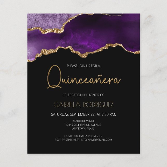Budget Lila Gold Agate Quinceañera Einladung (Vorderseite)