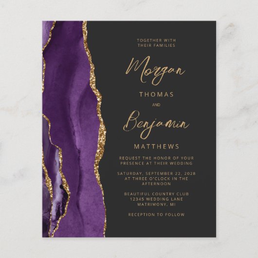Budget Lila Gold Agate Script Einladung (Vorderseite)