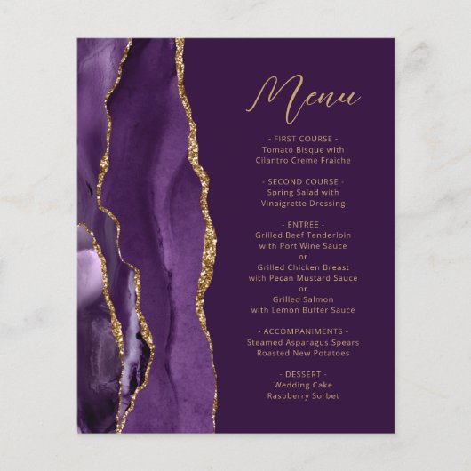 Budget Lila Gold Agate Script Plum Wedding Menu (Vorderseite)